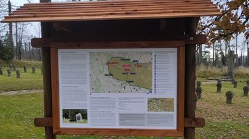 Die Tafel in einem Holzgestell. Über zwei der vier Spalten eine große Karte.