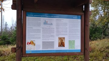 Die Geschichts- und Erinnerungstafel in einem Holzgestell. Text und Bilder in vier Spalten
