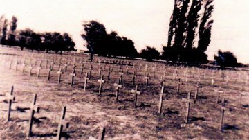 Historisches Foto. Viele lange Reihen von Gräbern auf einer Kriegsgräberstätte mit einfachen Holzkreuzen. Im Hintegrund Bäume und Büsche.